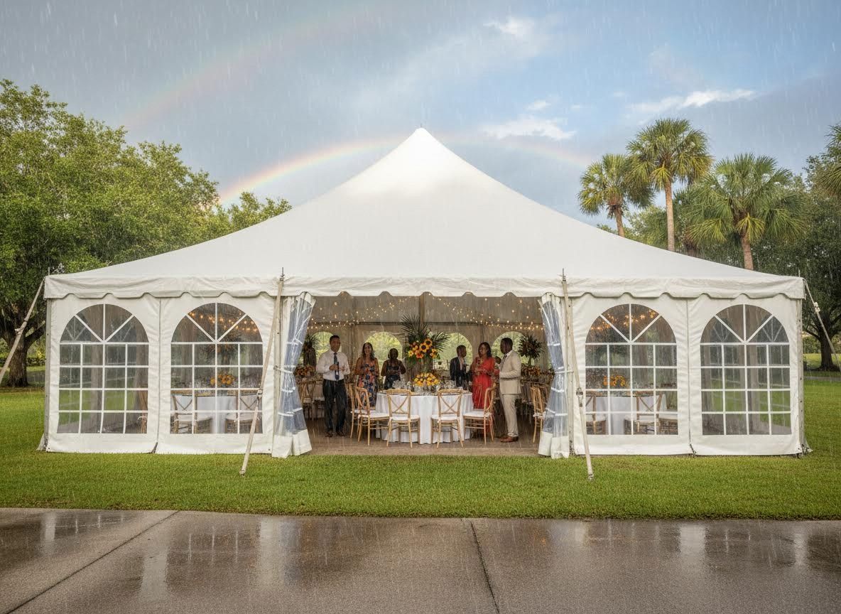 Outdoor White Event Tent with Guests and Rainbow in Rain