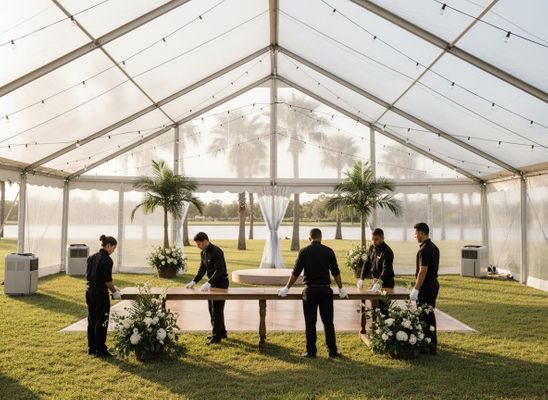 Staff prepare a long wooden table inside a clear event tent with string lights, floral decor, and palm trees visible through the walls. Event Staff Setting Up Outdoor Clear Tent