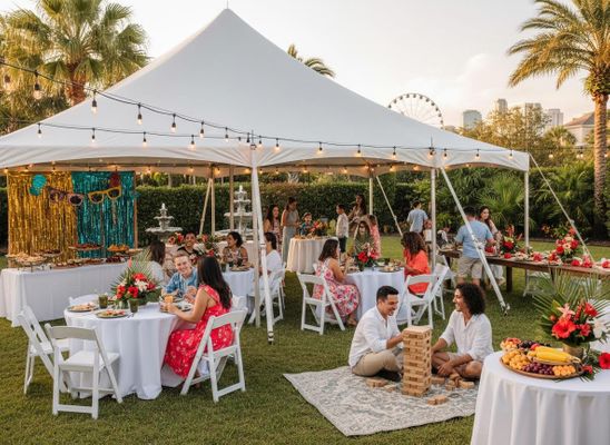 People enjoy an outdoor party under a white tent, with buffet tables, tropical decor, and a Ferris wheel visible in the background. Outdoor Festive Gathering Under White Tent