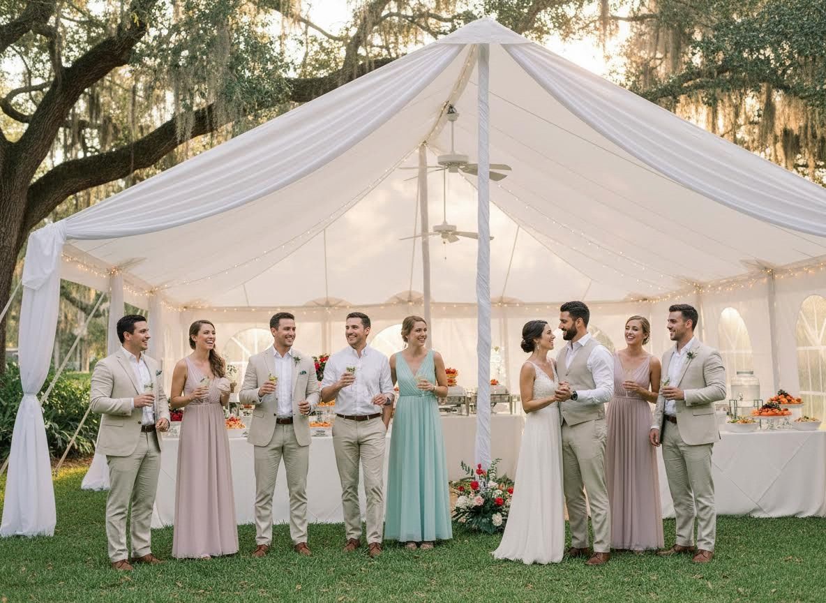 Wedding Party Posing Under Reception Tent
