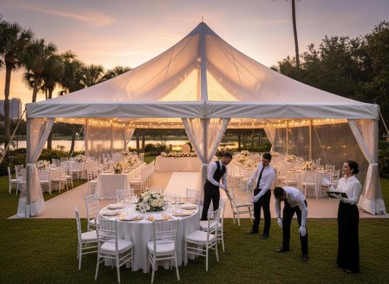 Staff arrange white tables and chairs under a clear tent with string lights for an elegant outdoor event by a lake at sunset. Elegant Outdoor Reception Tent Setup at Sunset