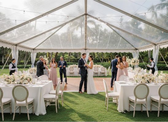 Bride and groom share a moment under a clear tent with guests, white tables, and lush floral arrangements on green grass. Elegant Outdoor Wedding Reception Under Clear Tent