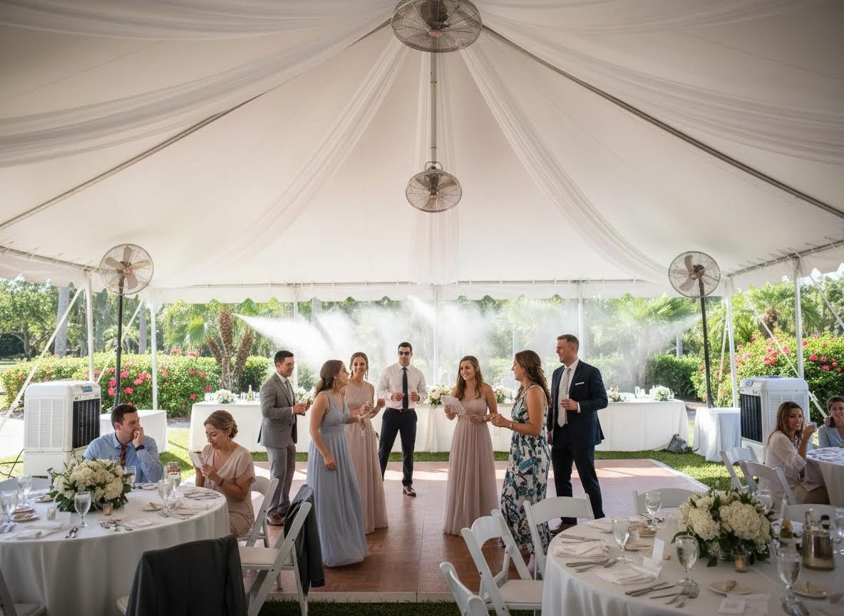 Outdoor Wedding Reception Under Tent with Guests and Misters