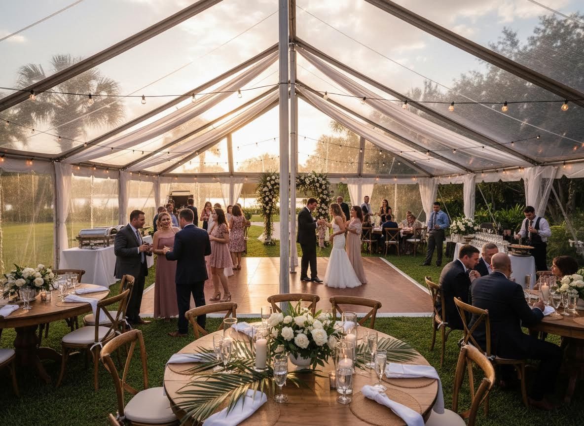 Elegant Wedding Reception Under Clear Tent at Sunset