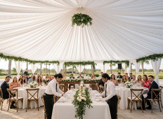 Guests seated at tables while servers prepare an elegant outdoor wedding reception setup under a white draped tent with floral decor. Wedding Reception Under Draped Tent with Servers