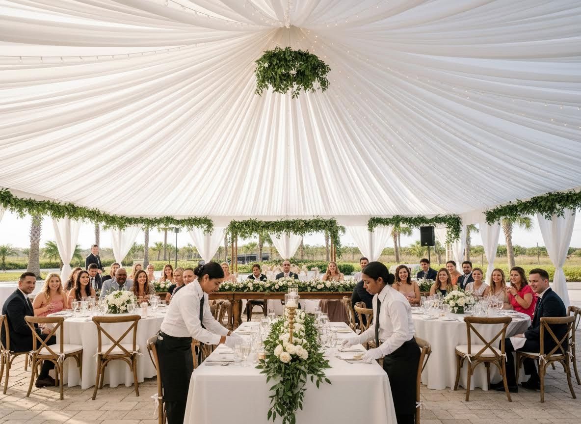 Wedding Reception Under Draped Tent with Servers