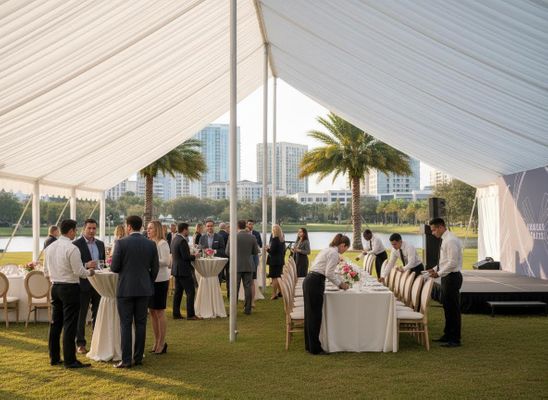 People mingle at a networking event under a large white tent, while catering staff set tables by a lake with city buildings in the background. Outdoor Corporate Event with Guests and Catering Staff