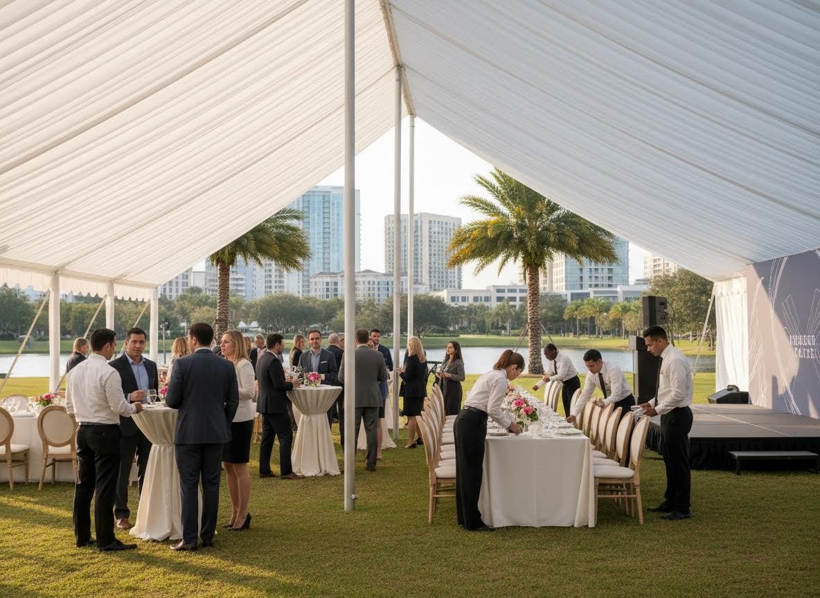 Outdoor Corporate Event with Guests and Catering Staff
