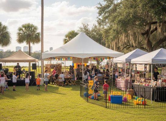 A sunny outdoor festival with people enjoying live music, market tents, food, and a children's play area by a lake with a city skyline. Lively Outdoor Festival with Live Music and Market Stalls