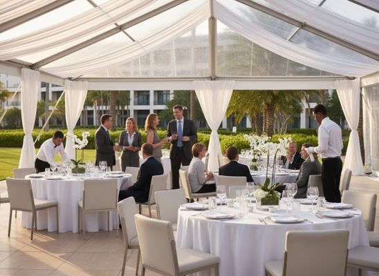 Guests in business attire network and dine at an outdoor event under a clear tent, with white tables, servers, and tropical landscaping. Outdoor Business Event Reception