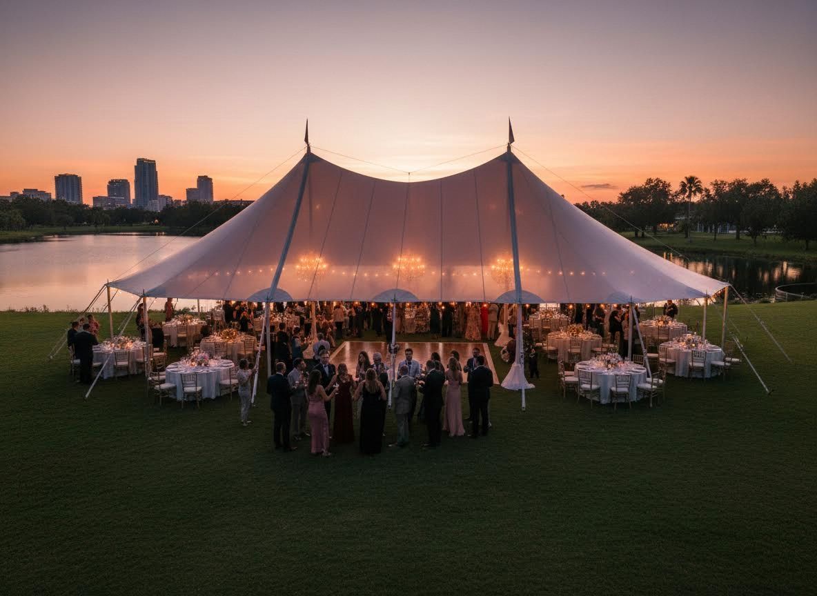 Evening Event Under Large Tent by Lake at Sunset