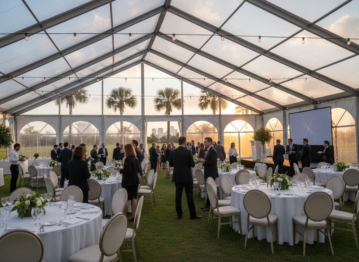 Professionals networking in a clear event tent at sunset