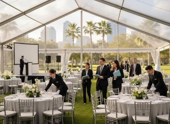 Event staff meticulously setting tables with elegant white orchids under a clear tent, with a presenter on stage and city buildings visible. Professional Event Team Prepares Outdoor Conference Setup