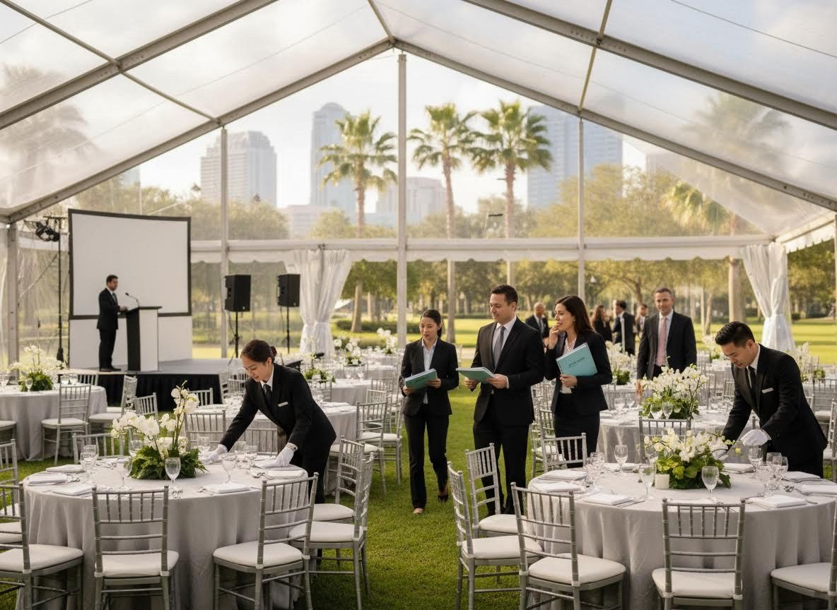 Professional Event Team Prepares Outdoor Conference Setup