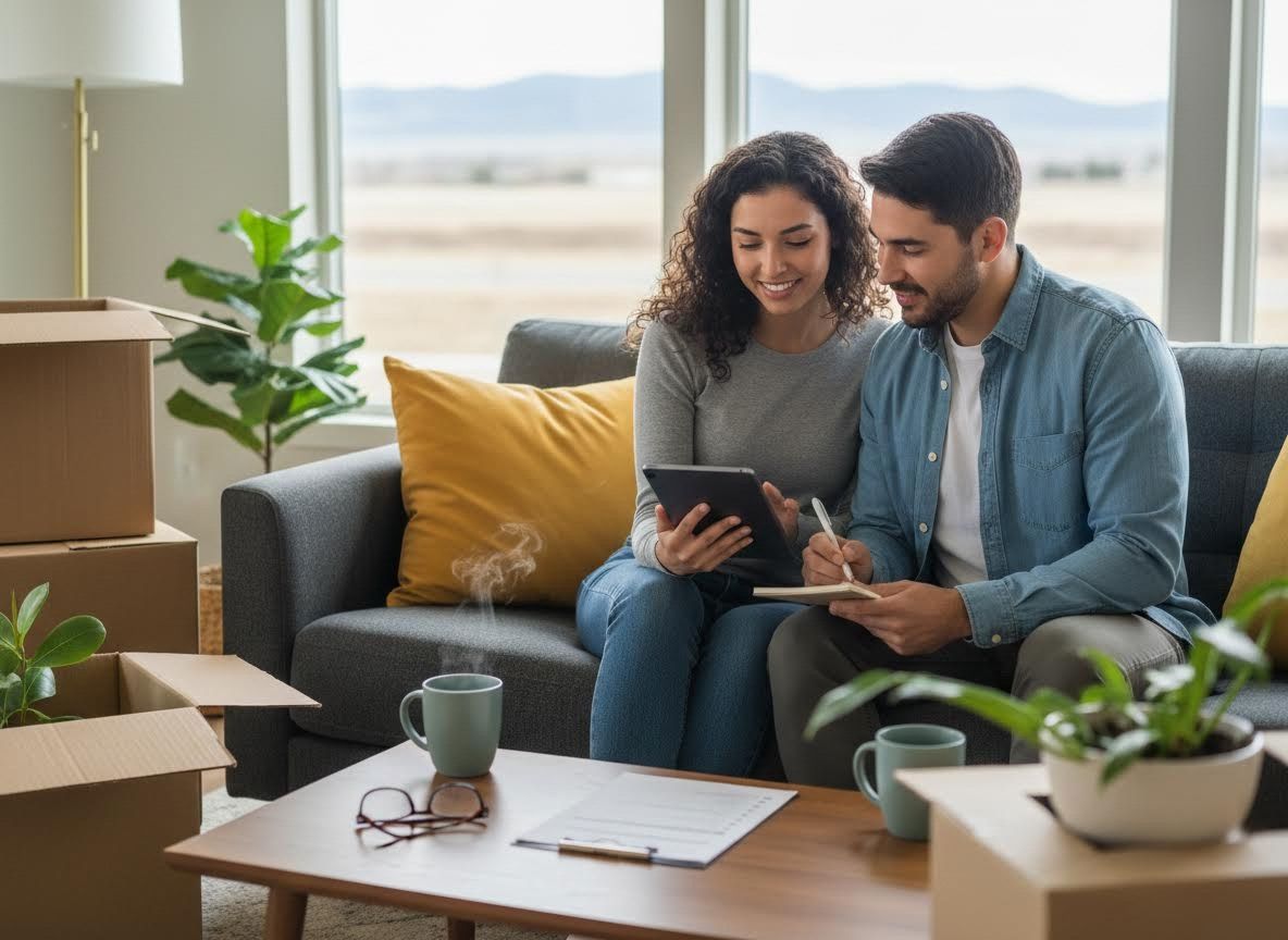 Young couple planning details in their new home