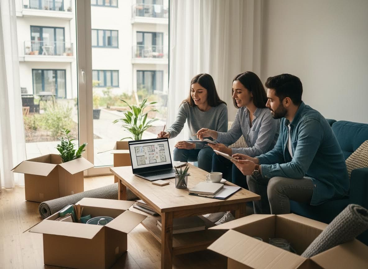 Three people reviewing a floor plan on a laptop in a new home surrounded by moving boxes