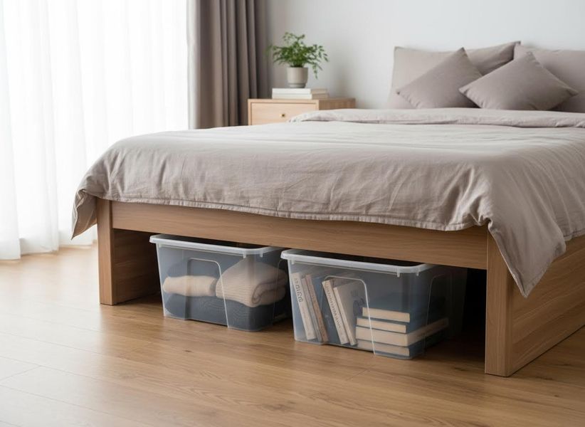 bed with storage totes underneath it