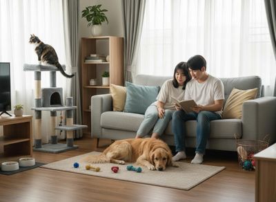 Couple and pets relaxing in a cozy living room