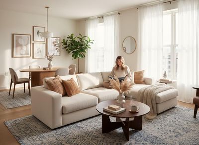 Woman Reading on Sectional Sofa in Bright Living Room