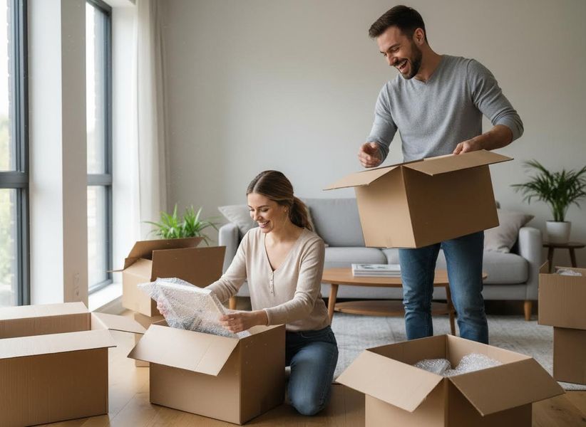couple unpacking boxes in a new home