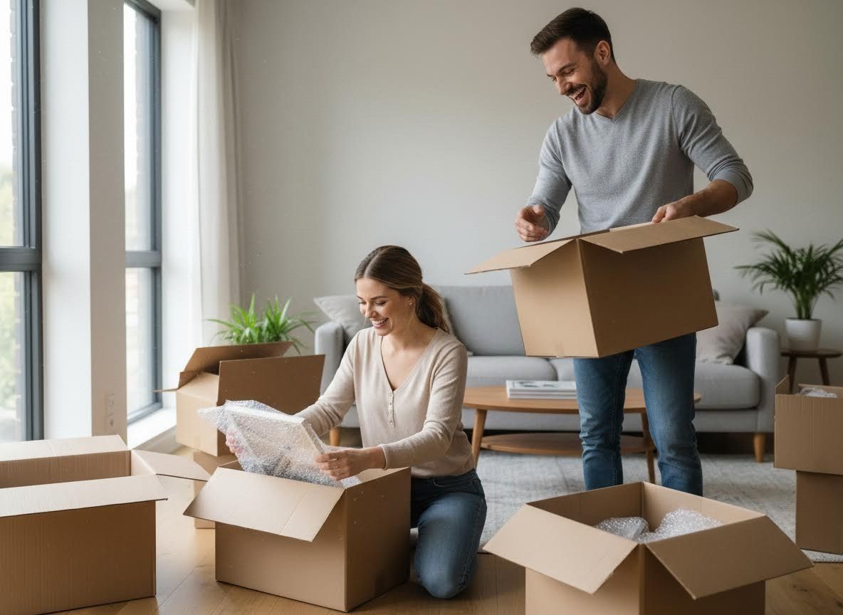 couple unpacking boxes in a new home