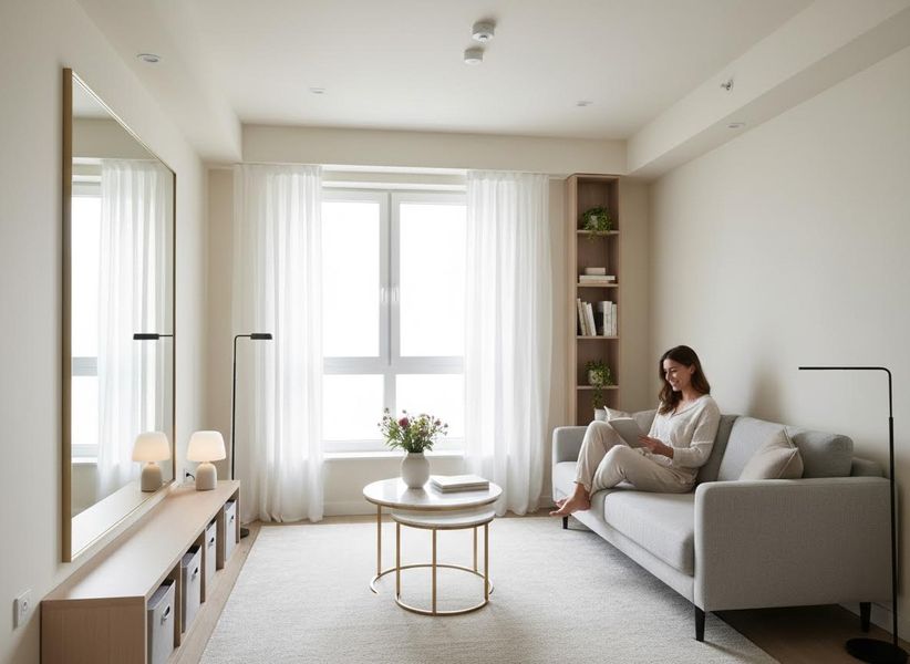 Woman Reading on Sofa in Modern Neutral Living Room