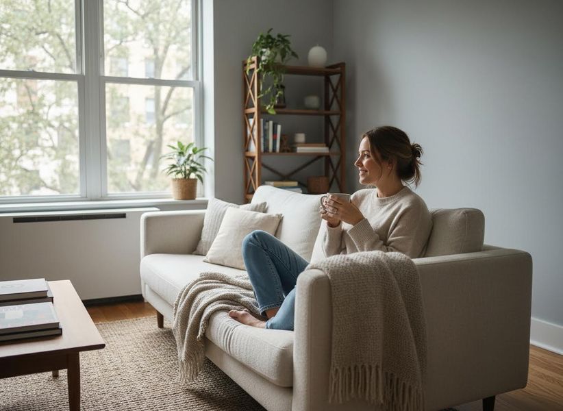 person in an apartment living room