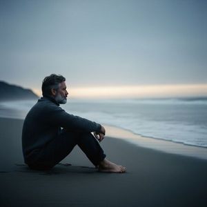 sad man sitting on a beach