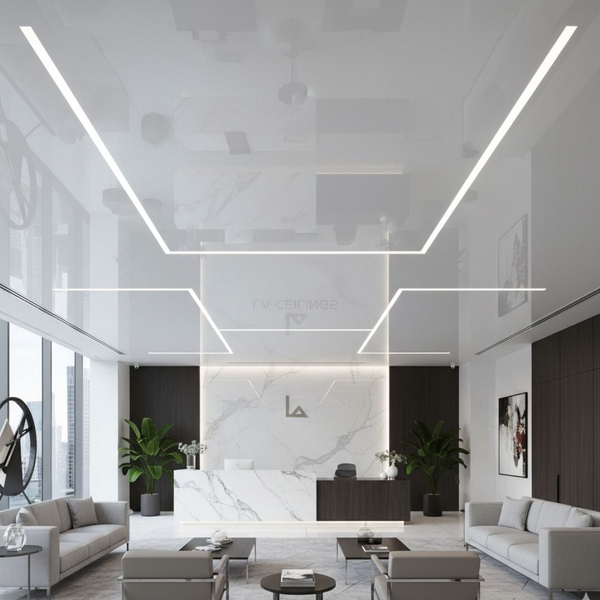 A sleek, modern office lobby with a high-gloss stretched ceiling that reflects the sophisticated interior design. 