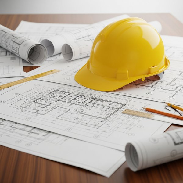 Hardhat next to blueprints