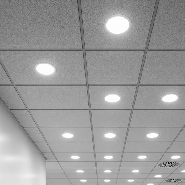 A clean acoustic ceiling with bright, energy-efficient recessed lighting fixtures installed. A clean acoustic ceiling with bright, energy-efficient recessed lighting fixtures installed.