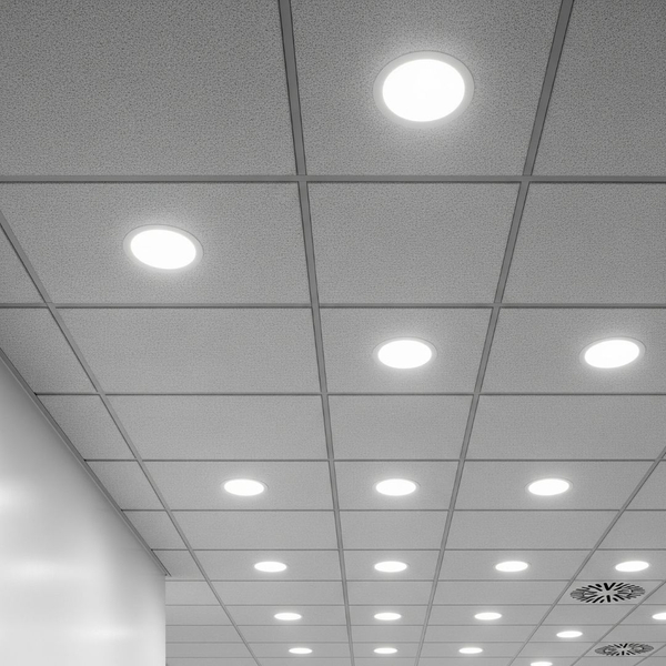 A clean acoustic ceiling with bright, energy-efficient recessed lighting fixtures installed.