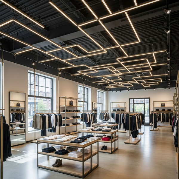 The interior of a chic boutique featuring a black T-bar ceiling.