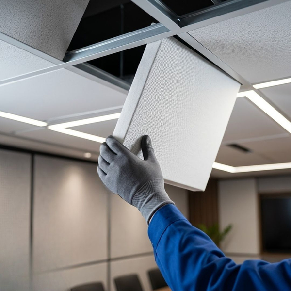 a professional technician’s hand precisely installing a textured sound-absorbing acoustic ceiling panel into a metal T-bar grid in a modern, quiet corporate office