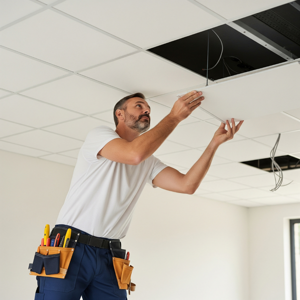 A ceiling contractor installing a ceiling tile.