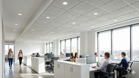 a bustling office with a new ceiling
