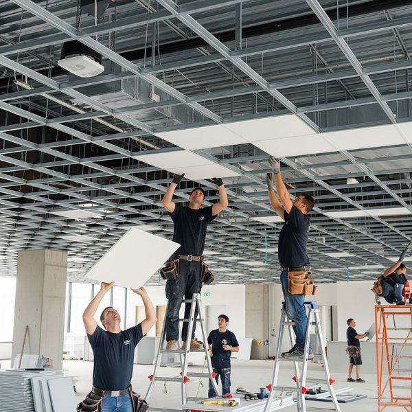 An installer efficiently fitting an acoustic tile into a ceiling grid. An installer efficiently fitting an acoustic tile into a ceiling grid.