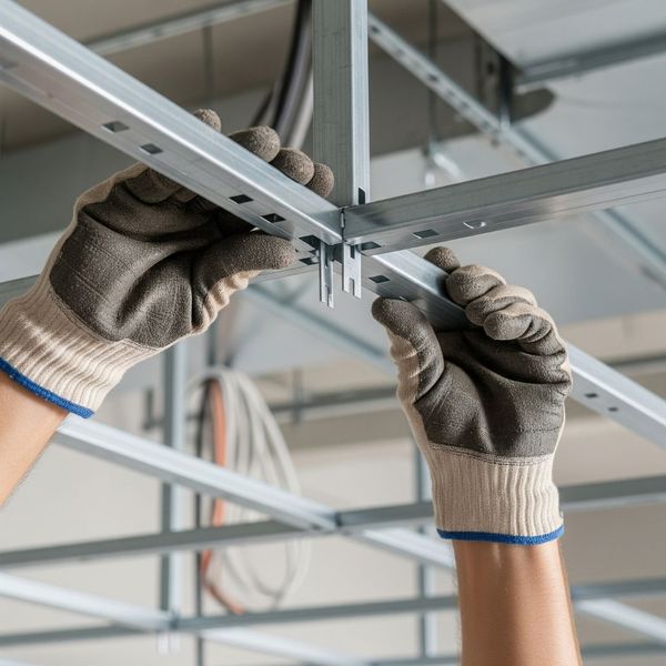 A detailed photo showing a contractor's hands installing a metal T-bar ceiling grid. A detailed photo showing a contractor's hands installing a metal T-bar ceiling grid.