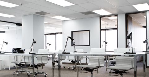 Open office space with acoustic ceiling tiles