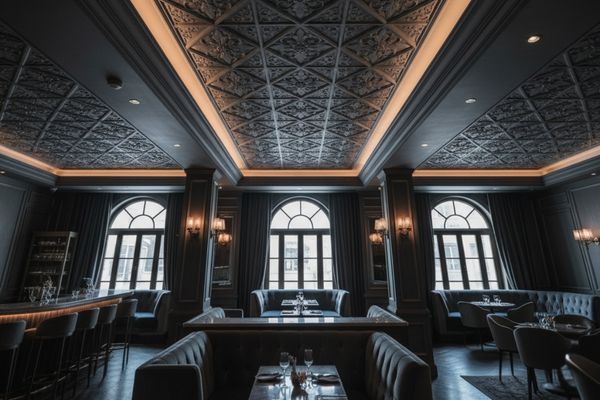 an intricate and elegant decorative ceiling tile installation in a upscale commercial space