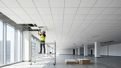 a contractor on a scaffold precisely installing acoustic tiles into a large-scale T-bar grid in a bright, modern commercial office space