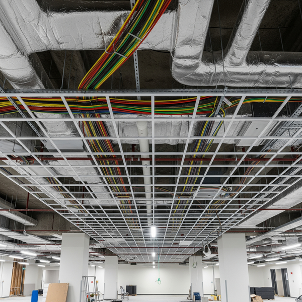 Exposed ceiling view showing complex ductwork and wiring neatly organized above a new ceiling grid