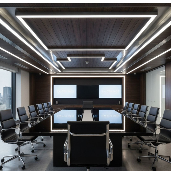 A modern conference room with a multi-layered, custom ceiling design that integrates different finishes (e.g., wood panels and metal accents) and lighting strips. 
