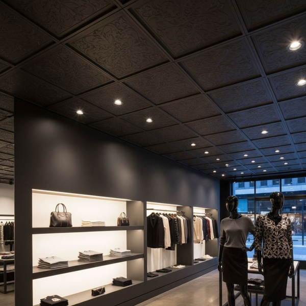 An upscale retail store with decorative ceiling tiles that incorporate a subtle yet striking pattern and a rich, deep color (e.g., deep blue or charcoal gray).