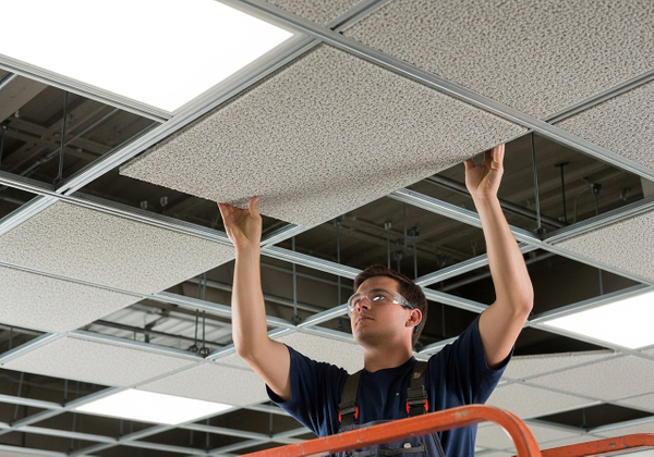 a technician placing a textured acoustic ceiling tile into a silver metal T-bar grid