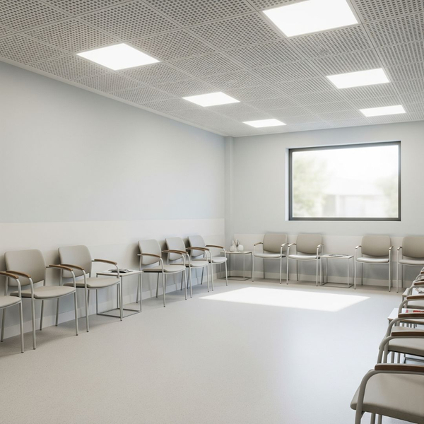 The interior of a bright and modern medical clinic waiting area with an acoustic ceiling.