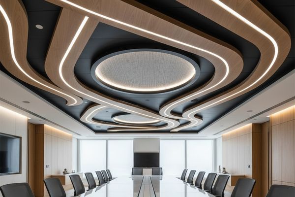 innovative custom ceiling design in an architectural interior featuring integrated lighting patterns, multiple levels, and wood accents