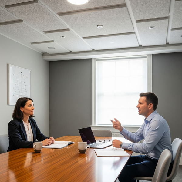 Two colleagues having a discussion in a quiet, modern meeting room.