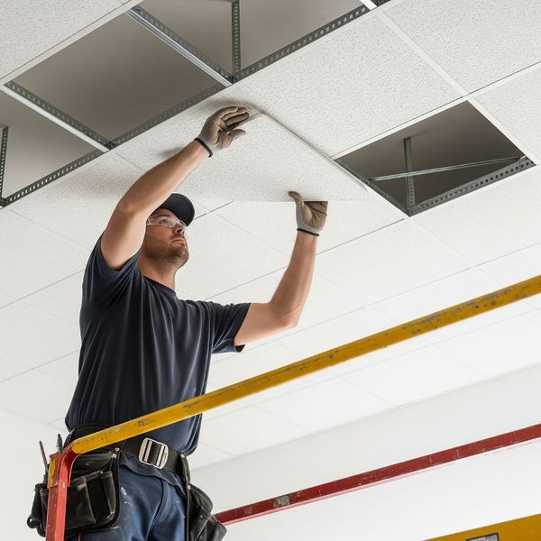 A professional installer carefully fitting a white acoustic ceiling tile into a suspended grid. A professional installer carefully fitting a white acoustic ceiling tile into a suspended grid.