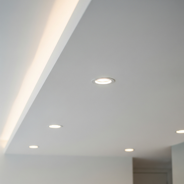 A finished ceiling with integrated lighting.